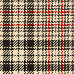 Abstract pattern for textile print. Seamless glen check plaid background in black, gold, and red for jacket, coat, skirt, blanket, or other spring, autumn, and winter tweed fashion textile design.
