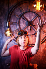 Ugly strange girl in unusual glasses in a strange dark room with a clock on the wall and the light...