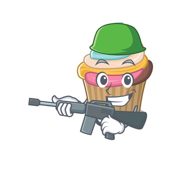 A cute picture of rainbow cupcake Army with machine gun