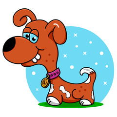 Illustration of a cute puppy, wearing a violet collar with a dog tag