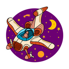 Spaceship flying through deep space. Background with planets and stars, vector illustration