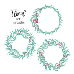 Floral watercolor set of wreaths with eucalyptus branches on a white background.