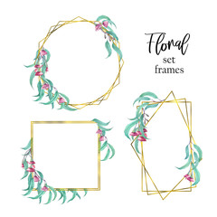 Watercolor set of frames with eucalyptus branches on a white background for decoration.