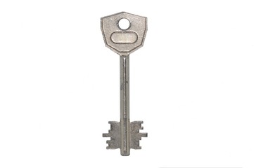 Iron key with straight and round surfaces isolated on white background