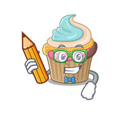 A smart Student rainbow cupcake character holding pencil