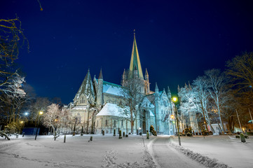 Cityscape over Trondheim, Norway by night. Nidarosdomen
