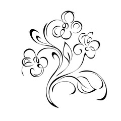 ornament 1056. bouquet of three stylized flowers on stems with leaves and curls in black lines on a white background