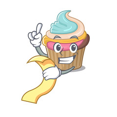 A funny cartoon character of rainbow cupcake holding a menu