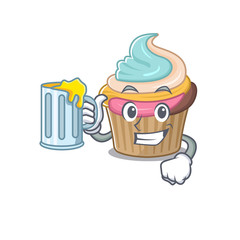 Smiley rainbow cupcake mascot design with a big glass