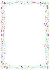 Decorative, colored frame and geometric shapes of circles, triangles, rectangles, curves and more. Perfect as a photo frame, for scrapbooking, postcards, posters, invitation cards. Decorative frame A4