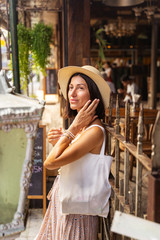 Happy woman in exotic country stock photo