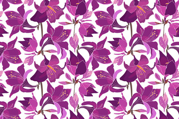 Vector floral seamless pattern with lilies, amaryllis, belladonna lily,  hippeastrum, knight's-star. Purple flowers isolated on a white background. Spring, summer botany tile pattern.