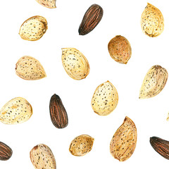 Seamless pattern with almonds on a white background. Peeled nuts and whole nuts in shell. Drawing with colored pencils.