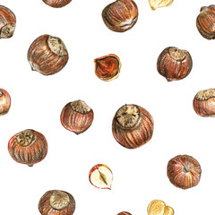 Seamless pattern with hazelnuts on a white background. Peeled nuts and whole nuts in shell. Drawing with colored pencils.