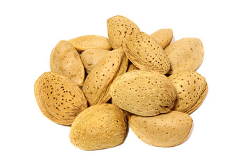 Almonds in their shell isolated on a white background. Almonds raw.