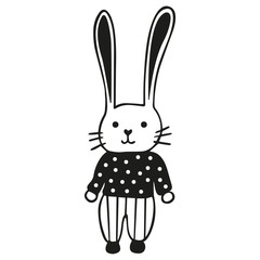 Cute black and white rabbit dressed in striped pants and a polka dot sweater. Easter Bunny. Scandinavian-style isolated simple childish doodle hare. Hand drawing. Vector.
