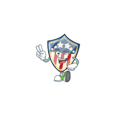 Cute cartoon mascot picture of vintage shield badges USA with two fingers
