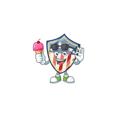 Vintage shield badges USA mascot cartoon style eating an ice cream