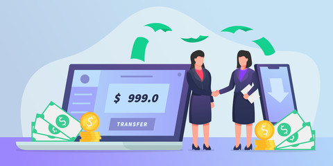 online business transfer concept with some money transfered to another via laptop