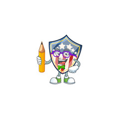 Fototapeta na wymiar A mascot icon of Student vintage shield badges USA character holding pencil