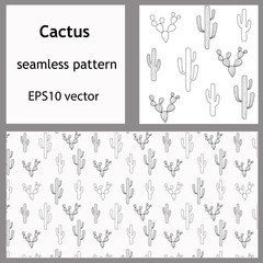 Cacti seamless pattern and rectangular backdrop. Outline doodle hand-drawn cactus succulents  for banners, scrapbooking paper, packaging. Stock vector illustration isolated on transparent background.