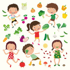 Fototapeta na wymiar Variety of children with vegetable, nutrition for kids, vector, illustration