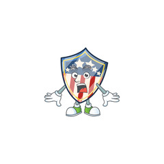 cartoon character design of vintage shield badges USA with a surprised gesture