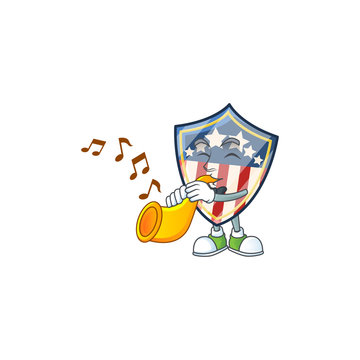 cartoon character style of vintage shield badges USA playing a trumpet