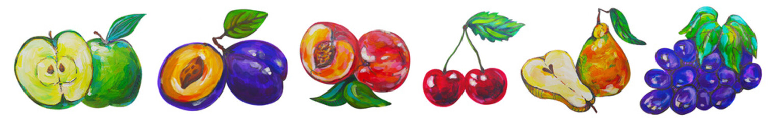 Painted fruits set acril colors apple, pear,  peach,  grape