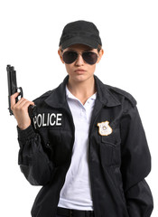 Female police officer on white background