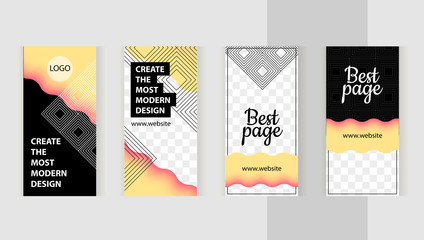 Set templates for design of social networks, story and print with windows for images. Modern style in the form of beautiful yellow waves and geometric lines. 