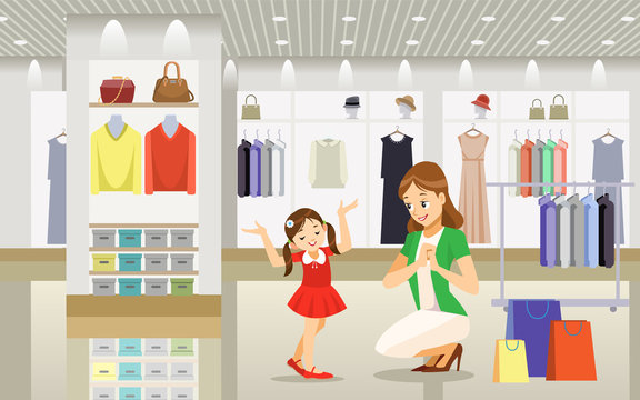 Mother and daughter shopping. Shopping day. Woman and little girl choosing and trying on dress clothes during shopping at garment supermarket. Concept motherhood child-rearing. Vector illustration.