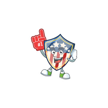 A cartoon design of vintage shield badges USA holding a Foam finger