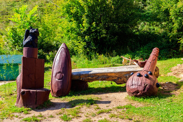 Wooden sculpture of mace of epic hero Ilya Muromets in Karacharovo village near Murom, Russia