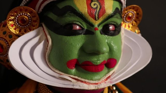 Close up of a Kathakali dancer representing Sringara through his eyes.  