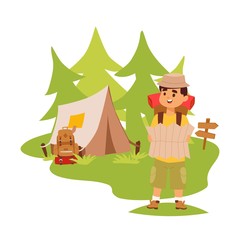 Camper tourist tent outdoor, hiking with backpack, vector illustration. Man with map exploring nature, cartoon character, outdoor adventures. Tourist in forest, travel camp with tent, campsite bus