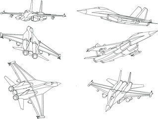 Modern jet fighter aircraft Line Vector illustration. Isometric Drawings.