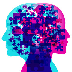 A female and male side silhouette positioned face to face overlaid with various semi-transparent Jigsaw pieces. Each Jigsaw piece represents the puzzles of the mind.
