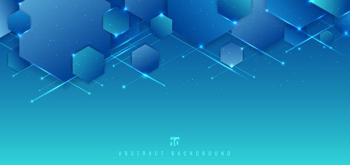 Abstract blue background geometric hexagon  overlapping with line and lighting technology futuristic digital concept.