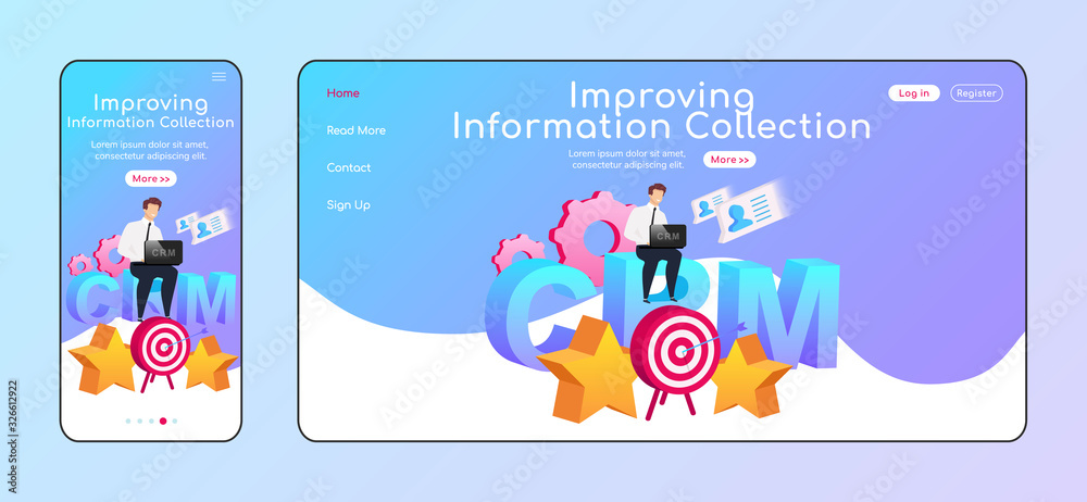 Poster improving information collection adaptive landing page flat color vector template. arrow in target m