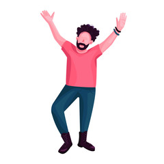 Man dancing flat color vector faceless character. Stylish guy at nightclub party. Modern dance performer standing, raising hands isolated cartoon illustration for web graphic design and animation