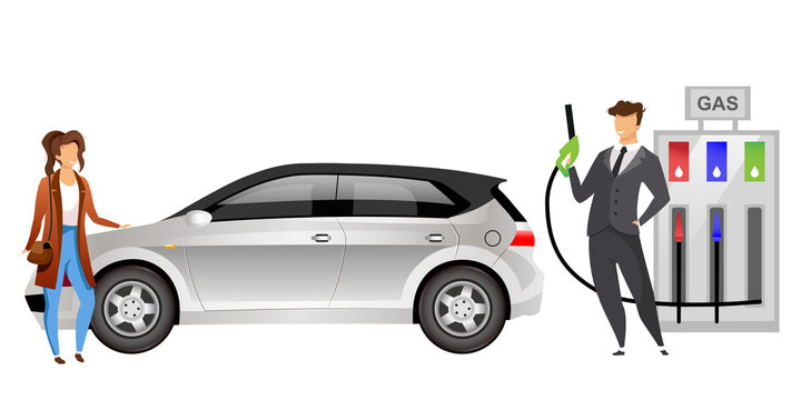 Couple at gas station flat color vector faceless characters. Husband and wife refueling car with gasoline isolated cartoon illustration for web graphic design and animation. People at petrol station