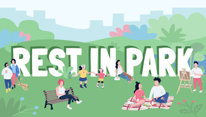 Obraz na płótnie Canvas Rest in park word concepts flat color vector banner. Typography with tiny cartoon characters. Family picnic, weekend relaxation in countryside, outdoor recreation creative illustration
