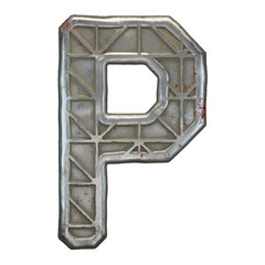 Industrial metal alphabet letter P on white background 3d