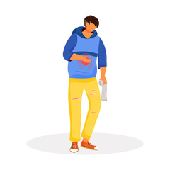 Stomach pain flat color vector faceless character. Man with stomachache. Constipation and diarrhea. Abdominal pain. Digestion system problems. Disease symptoms isolated cartoon illustration