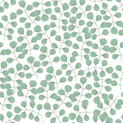 Fototapeta na wymiar Decorative seamless pattern with Eucalyptus silver dollar tree twig on white background. Ideall for fabric, wallpaper, wrapping paper, pattern fills, textile, web page textures. Vector Eps 10