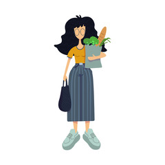 Woman with grocery shop purchase flat cartoon vector illustration. Sagittarius zodiac sign girl. Ready to use 2d character template for commercial, animation, printing design. Isolated comic hero