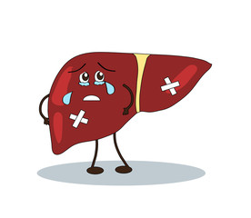 Sick liver on a white background. Cartoon. Vector illustration.