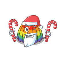 Rainbow jelly Cartoon character wearing Santa costume bringing a candy