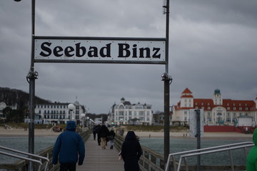 Famous pier of old seaside resort Binz on Rugia island, Germany, translation:"Seaside resort Binz"